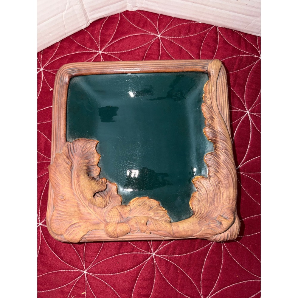 TerraFirma Ceramics 1991 Vintage Square Pottery Dish Oak Leaf Acorn Green Brown